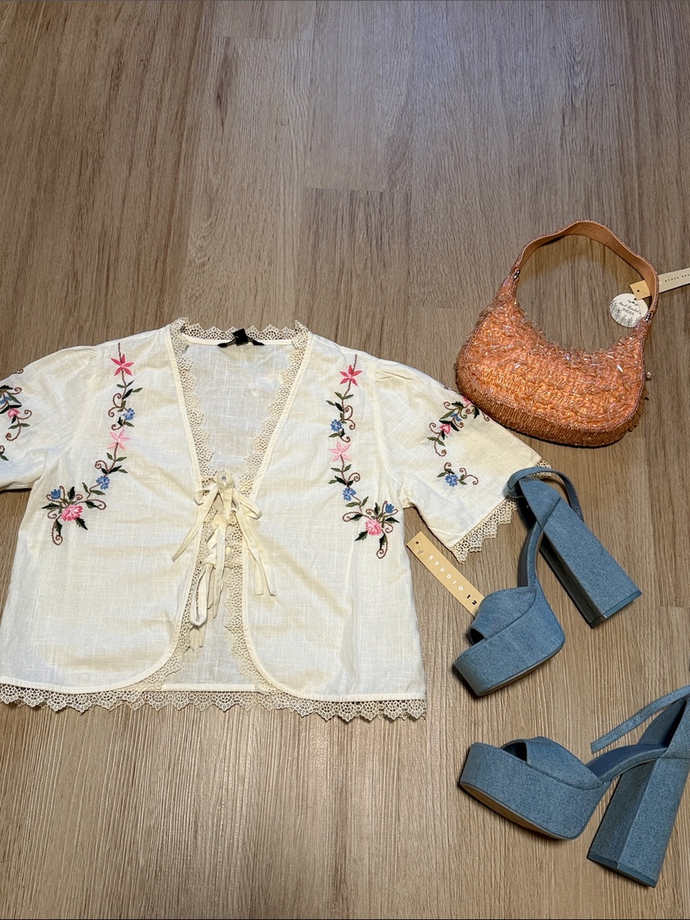 Embroidered Cream Floral Tie-Front Top